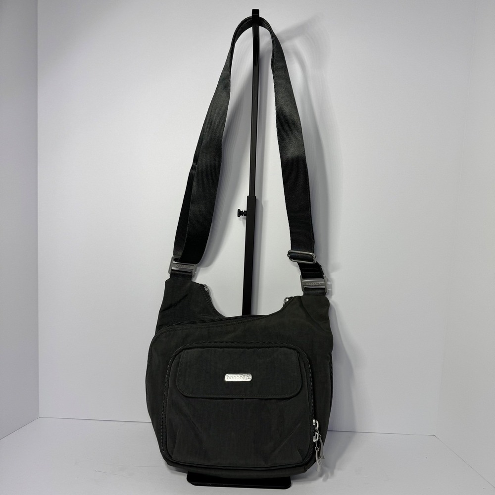 Baggallini Everywhere Bagg Charcoal Gray Nylon Crossbody Travel Bag Pink Lining